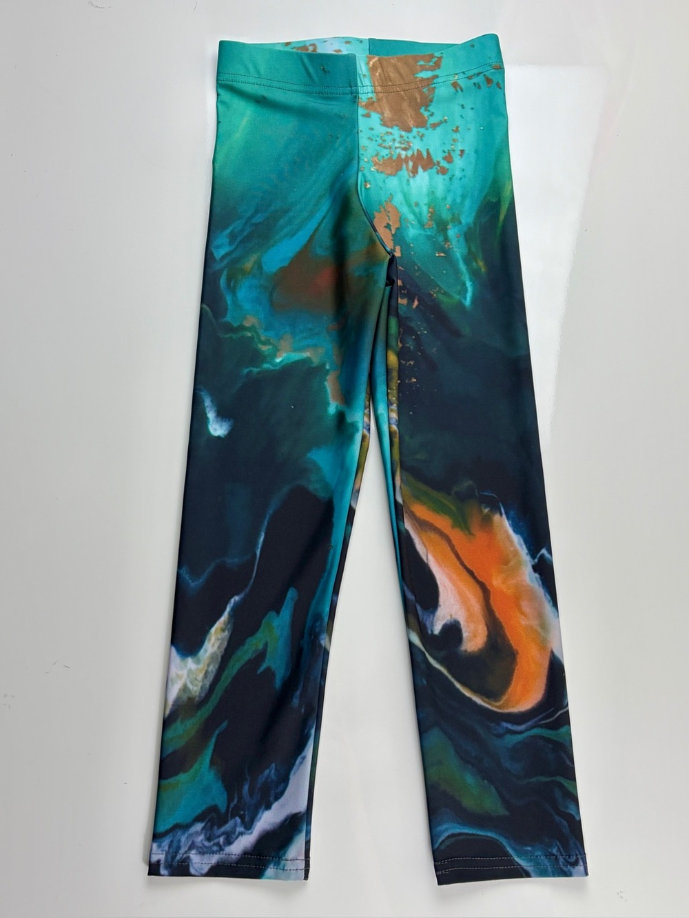Alana Kay Teal & Orange Wearable Art Capri Length Stretch Leggings, Sz XS